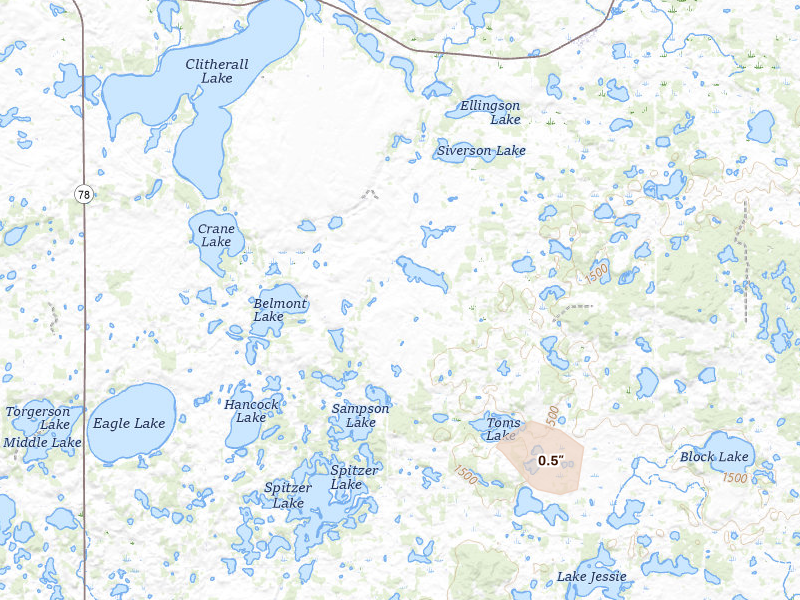 Radar-estimated hail-size map of the storm over Clitherall, MN on Jun 5, 2026