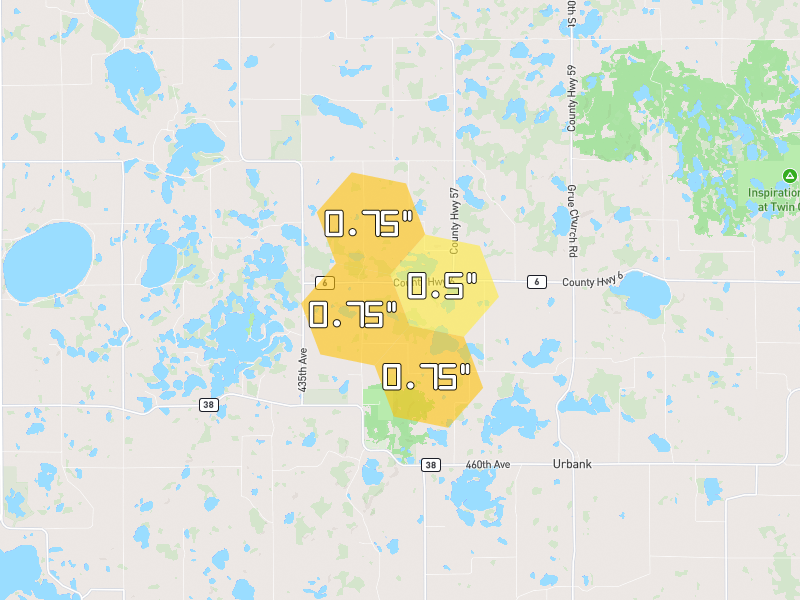Hail map of Clitherall, MN on Jun 5, 2026, hail up to 0.75"