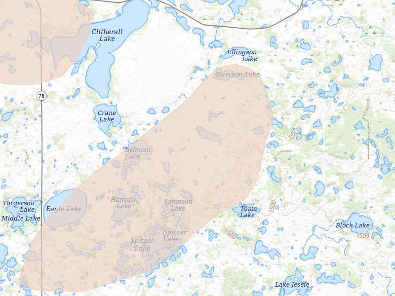 Radar-estimated hail-size map of the storm over Clitherall, MN on Jul 6, 2026