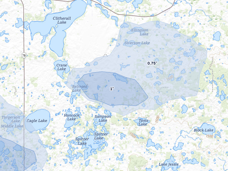 NEXRAD radar-signature map of the hail storm over Clitherall, MN on Jul 6, 2026