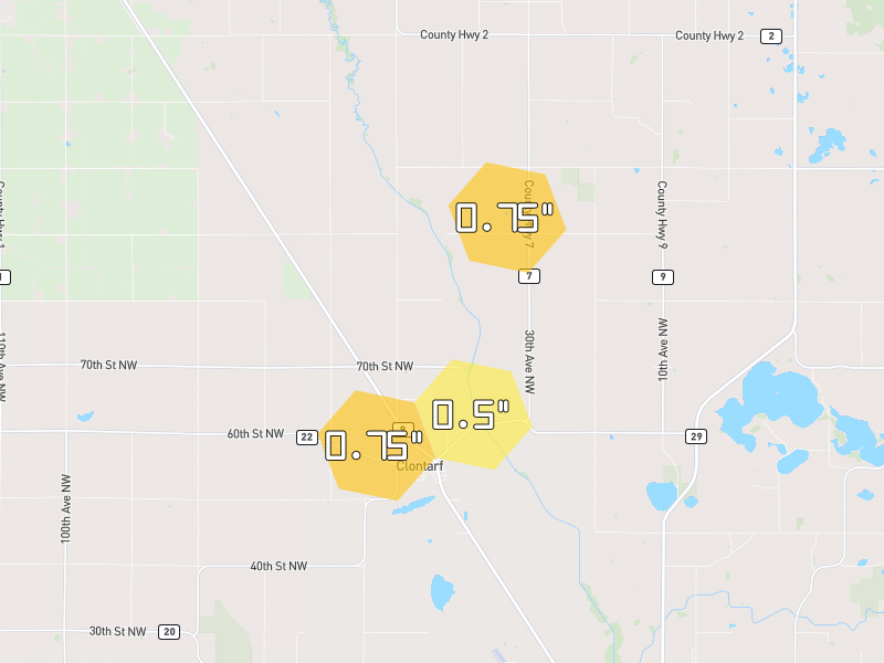 Hail map of Clontarf, MN on Jun 30, 2026, hail up to 0.75"