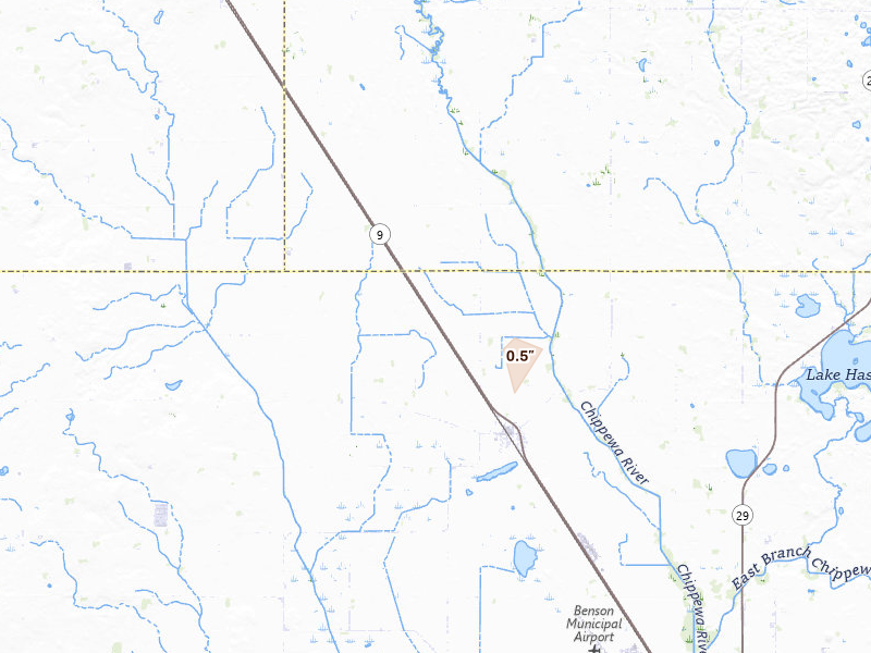 Radar-estimated hail-size map of the storm over Clontarf, MN on Jul 7, 2026