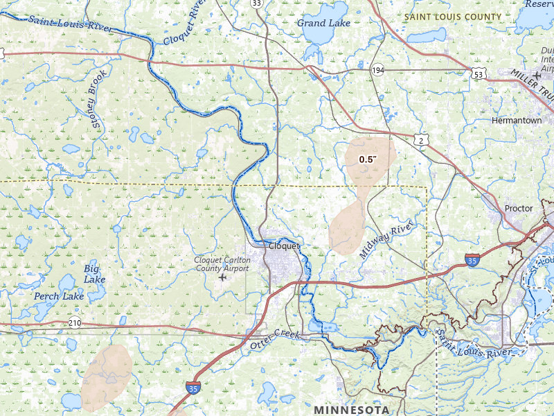 Radar-estimated hail-size map of the storm over Cloquet, MN on Apr 17, 2026