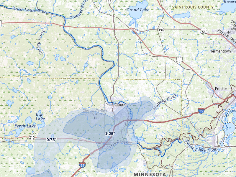 NEXRAD radar-signature map of the hail over Cloquet, MN