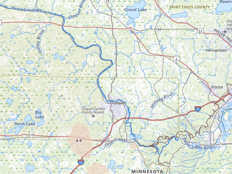 Radar-estimated hail-size map of the storm over Cloquet, MN on Jun 10, 2026