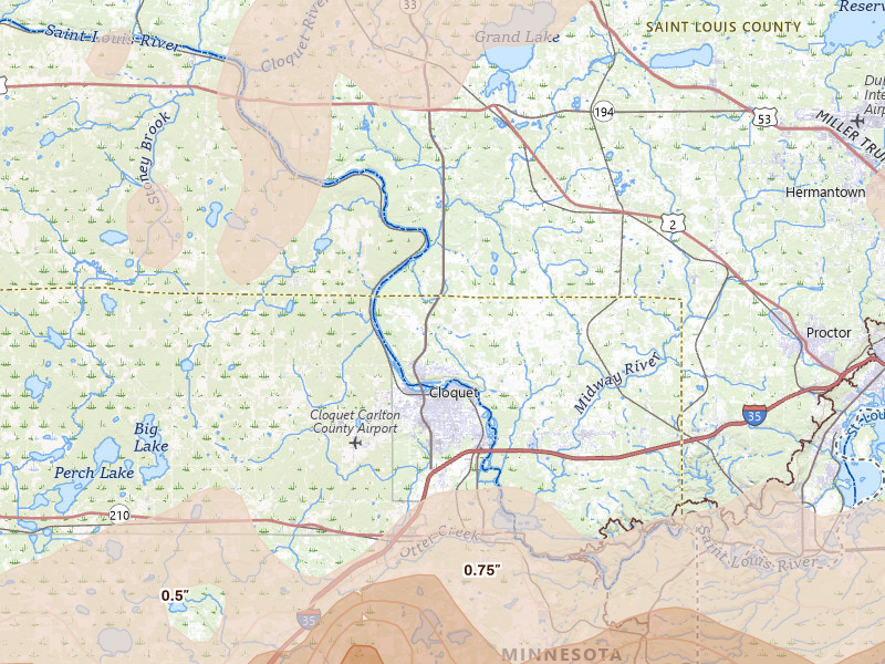 Radar-estimated hail-size map of the storm over Cloquet, MN on Jun 29, 2026