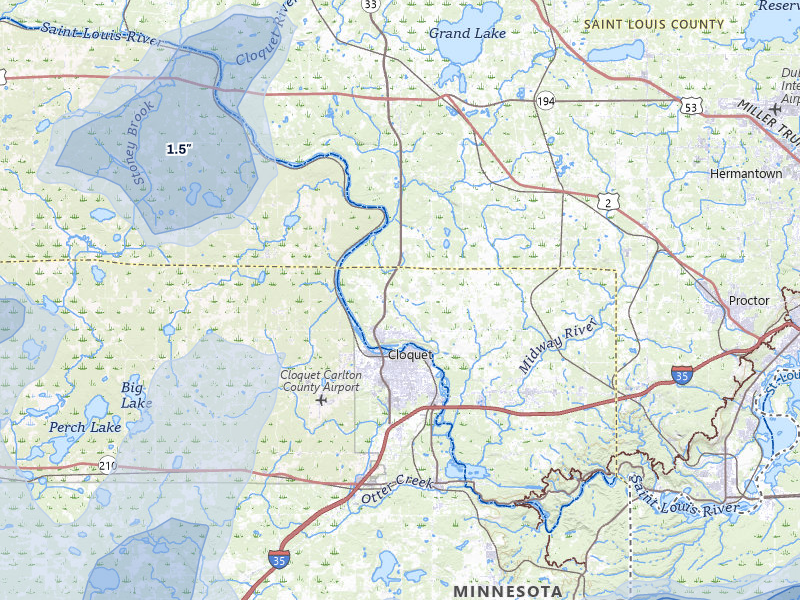 NEXRAD radar-signature map of the hail storm over Cloquet, MN on Jun 29, 2026
