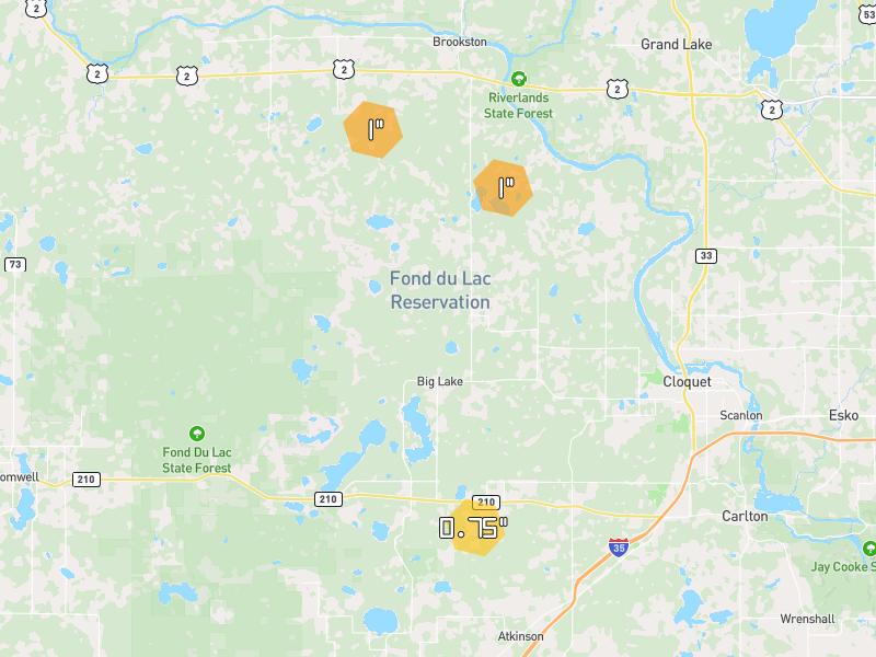 Hail map of Cloquet, MN on Jun 30, 2026, hail up to 1"