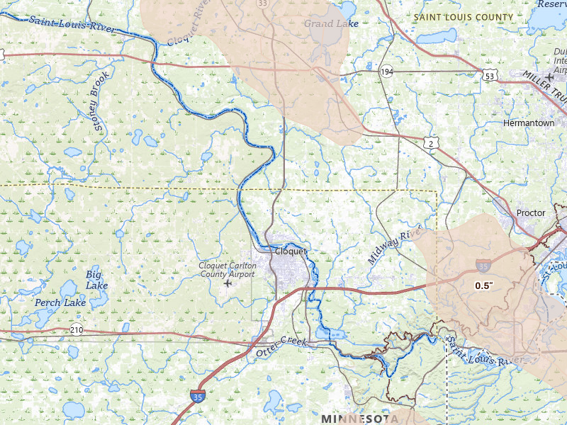 Radar-estimated hail-size map of the storm over Cloquet, MN on Jul 17, 2026