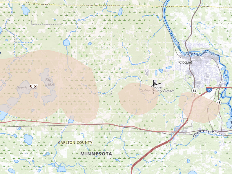 Radar-estimated hail-size map of the storm over Cloquet, MN on Aug 25, 2026
