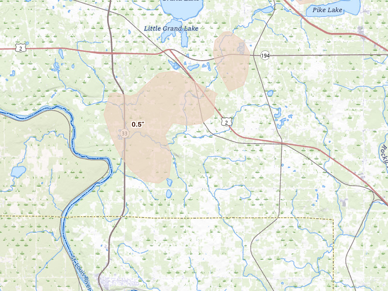 Radar-estimated hail-size map of the storm over Cloquet, MN on Aug 30, 2026