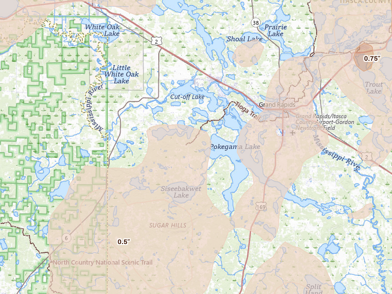 Radar-estimated hail-size map of the storm over Cohasset, MN on Jun 29, 2026