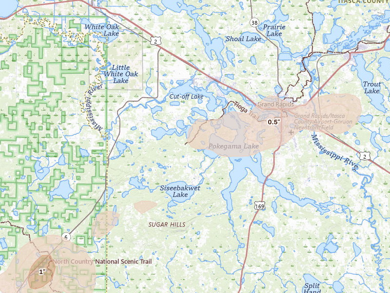 Radar-estimated hail-size map of the storm over Cohasset, MN on Jul 2, 2026
