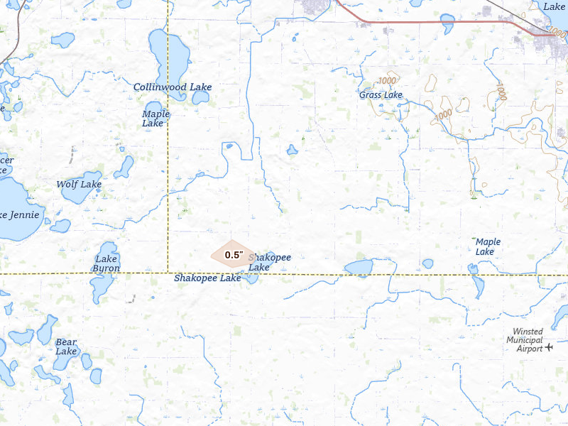 Radar-estimated hail-size map of the storm over Cokato, MN on Jul 25, 2026