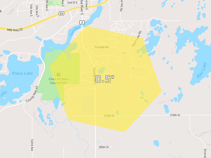 Hail map of Cold Spring, MN on Jul 7, 2026, hail up to 0.5"