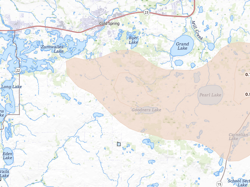 Radar-estimated hail-size map of the storm over Cold Spring, MN on Jul 25, 2026