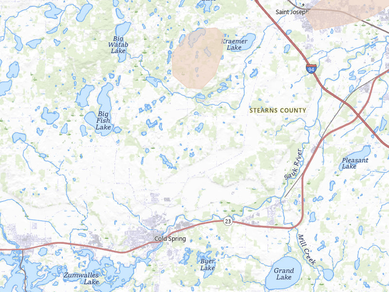 Radar-estimated hail-size map of the storm over Cold Spring, MN on Aug 3, 2026