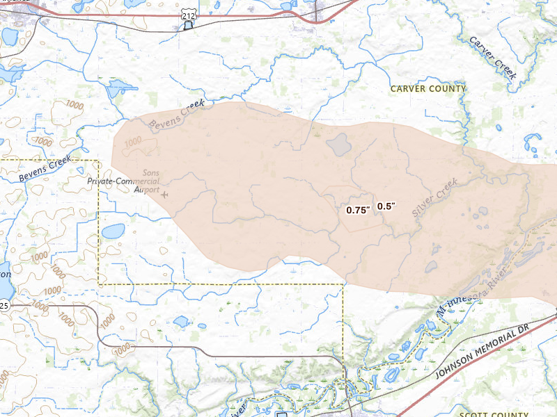 Radar-estimated hail-size map of the storm over Cologne, MN on Jul 19, 2026