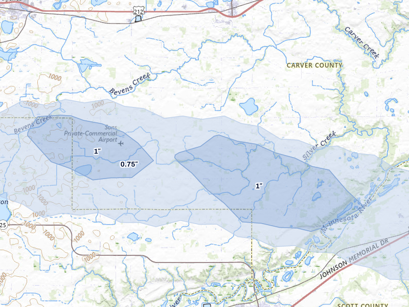 NEXRAD radar-signature map of the hail storm over Cologne, MN on Jul 25, 2026
