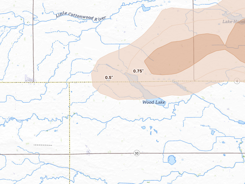 Radar-estimated hail-size map of the storm over Comfrey, MN on Apr 13, 2026