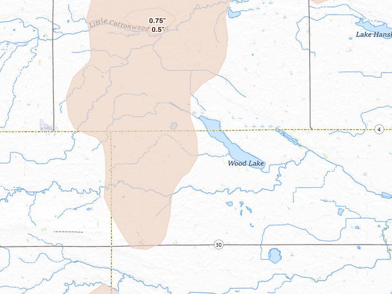 Radar-estimated hail-size map of the storm over Comfrey, MN on Jun 9, 2026