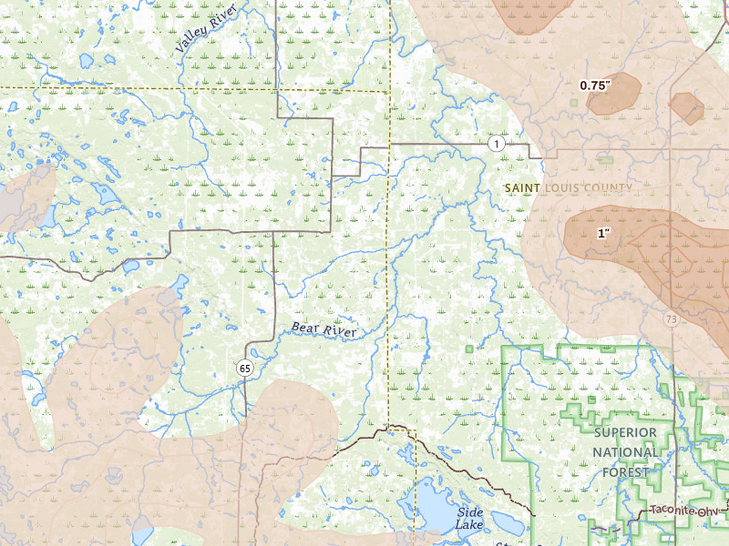 Radar-estimated hail-size map of the storm over Cook, MN on Jul 26, 2026