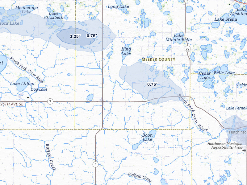 NEXRAD radar-signature map of the hail storm over Cosmos, MN on Jul 25, 2026