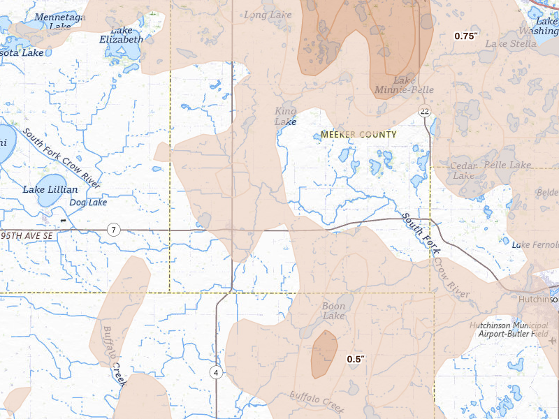 Radar-estimated hail-size map of the storm over Cosmos, MN on Aug 7, 2026