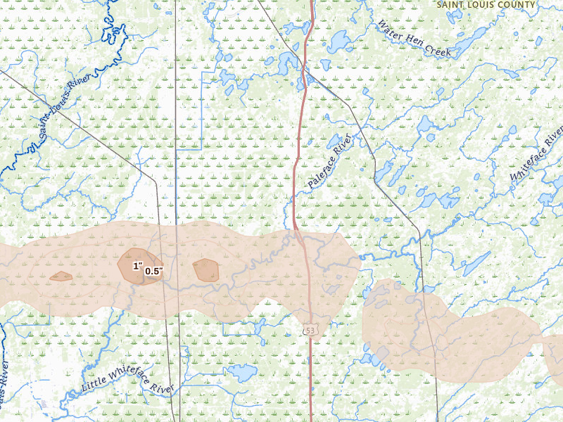 Radar-estimated hail-size map of the storm over Cotton, MN on Apr 12, 2026