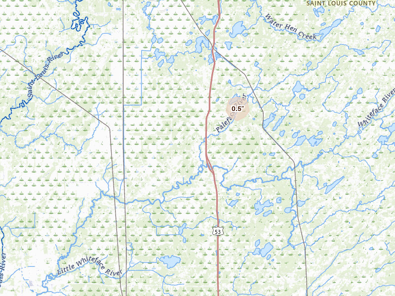 Radar-estimated hail-size map of the storm over Cotton, MN on Jul 3, 2026