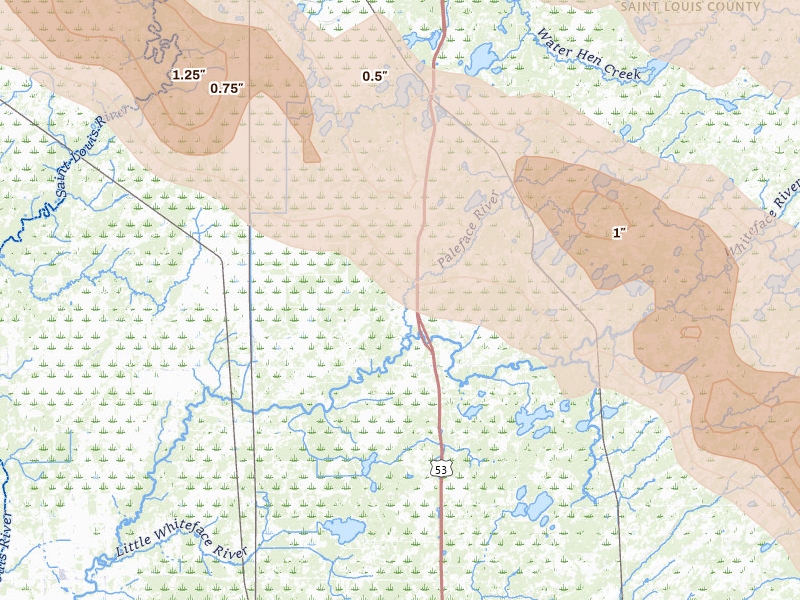 Radar-estimated hail-size map of the storm over Cotton, MN on Jul 26, 2026