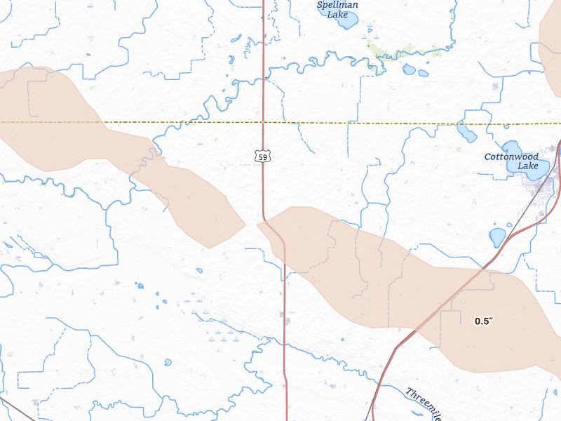Radar-estimated hail-size map of the storm over Cottonwood, MN on Jun 15, 2026