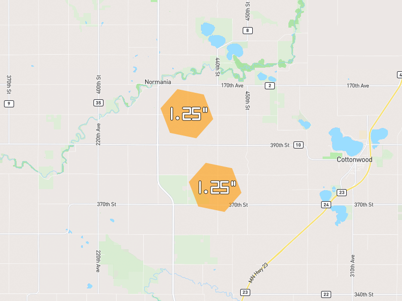 Hail map of Cottonwood, MN on Jun 30, 2026, hail up to 1.25"