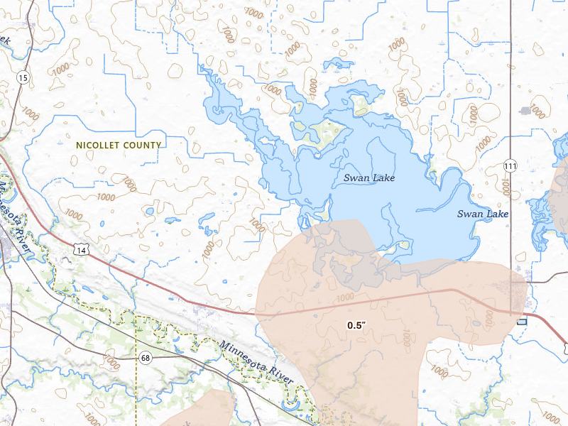 Radar-estimated hail-size map of the storm over Courtland, MN on Jun 9, 2026