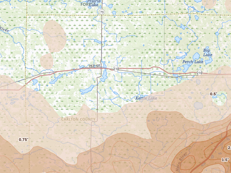 Radar-estimated hail-size map of the storm over Cromwell, MN on Jun 29, 2026