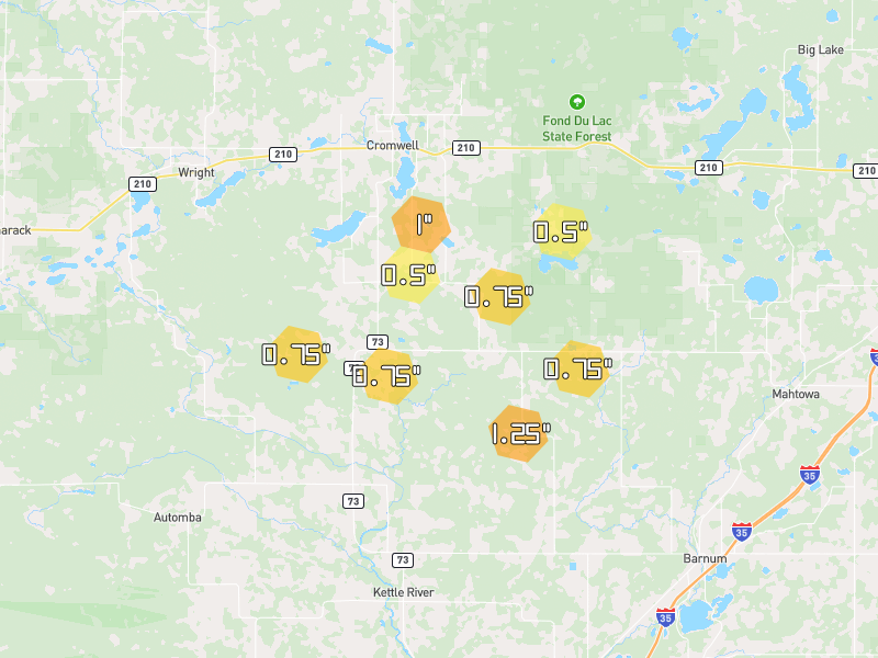 Hail map of Cromwell, MN on Jun 30, 2026, hail up to 1.25"