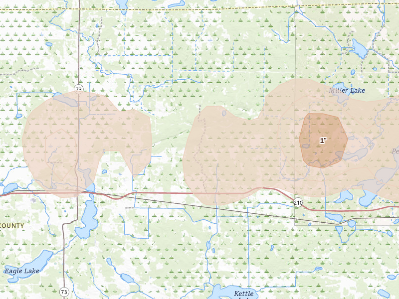 Radar-estimated hail-size map of the storm over Cromwell, MN on Aug 25, 2026