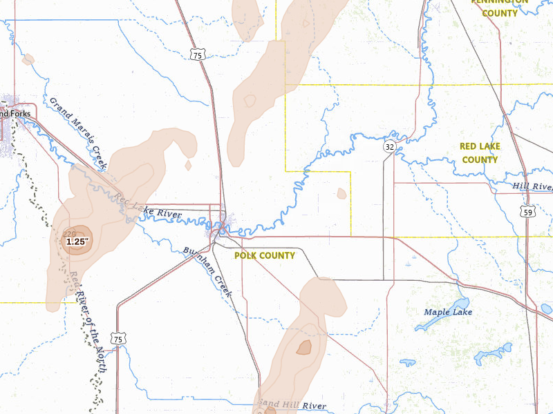 Radar-estimated hail-size map of the storm over Crookston, MN on Jun 29, 2026