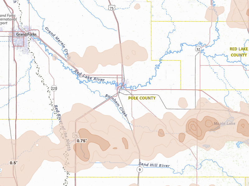 Radar-estimated hail-size map of the storm over Crookston, MN