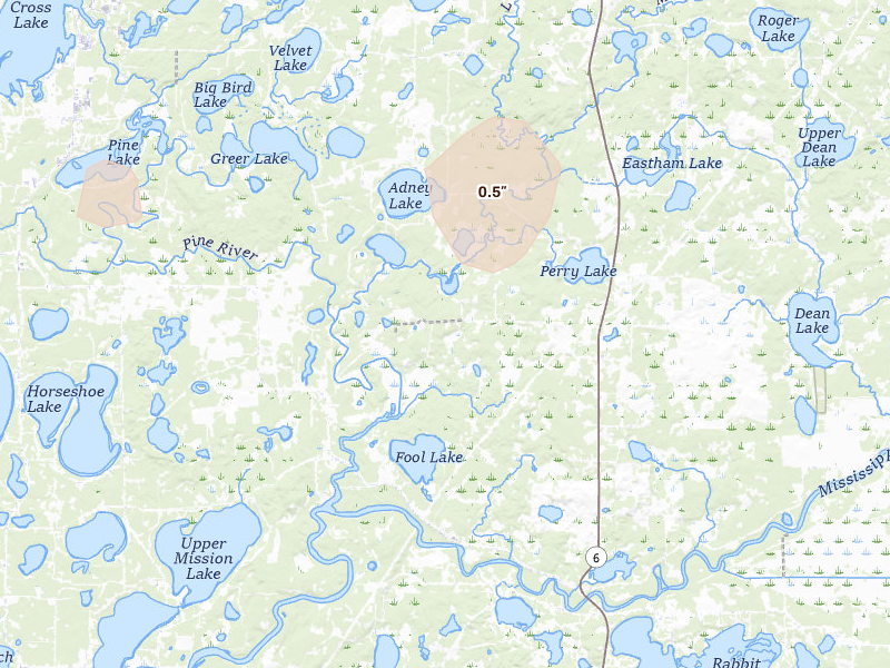 Radar-estimated hail-size map of the storm over Crosby, MN on Aug 7, 2026