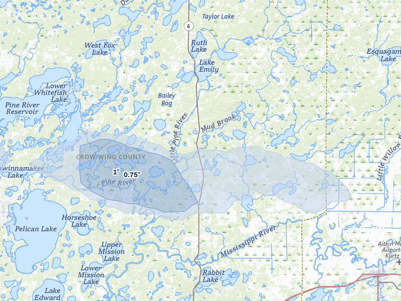 NEXRAD radar-signature map of the hail storm over Crosby, MN on Aug 7, 2026