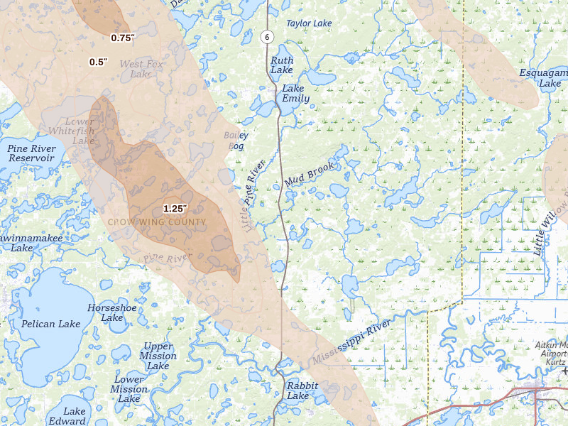 Radar-estimated hail-size map of the storm over Crosby, MN on Aug 20, 2026