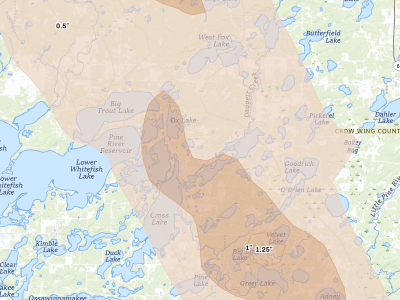 Radar-estimated hail-size map of the storm over Crosslake, MN on Aug 20, 2026