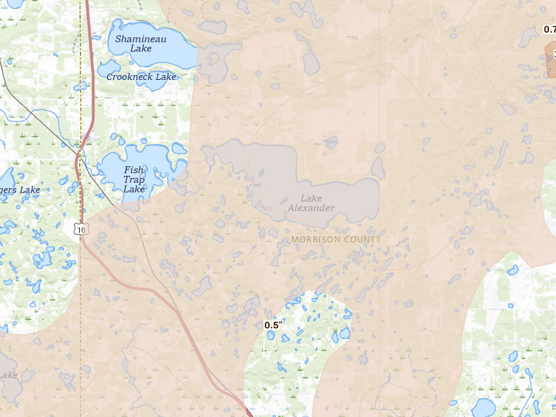 Radar-estimated hail-size map of the storm over Cushing, MN on Jun 29, 2026