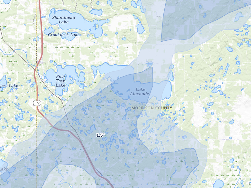 NEXRAD radar-signature map of the hail over Cushing, MN