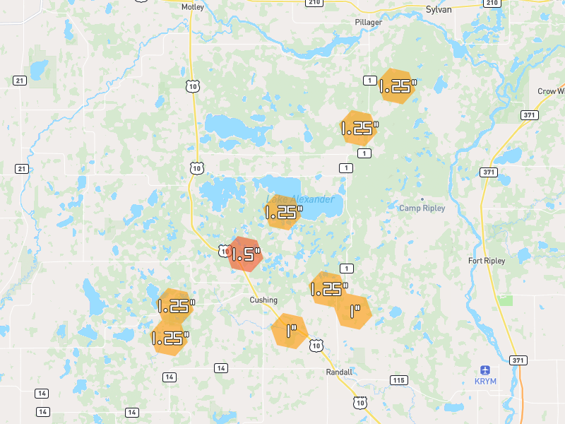 Hail map of Cushing, MN on Jun 30, 2026, hail up to 1.5"