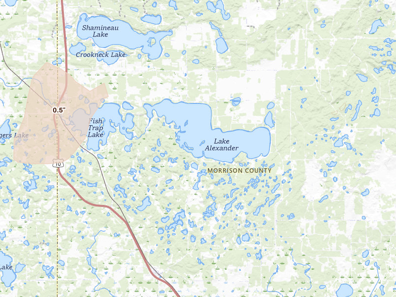 Radar-estimated hail-size map of the storm over Cushing, MN on Jul 6, 2026