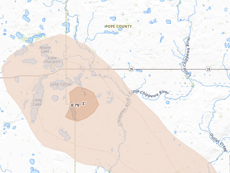 Radar-estimated hail-size map of the storm over Cyrus, MN on Jun 23, 2026