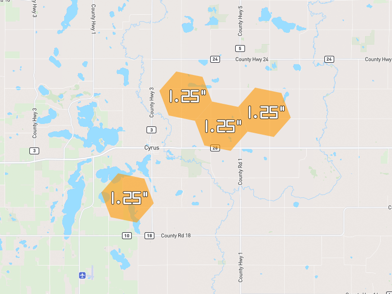 Hail map of Cyrus, MN on Jun 30, 2026, hail up to 1.25"
