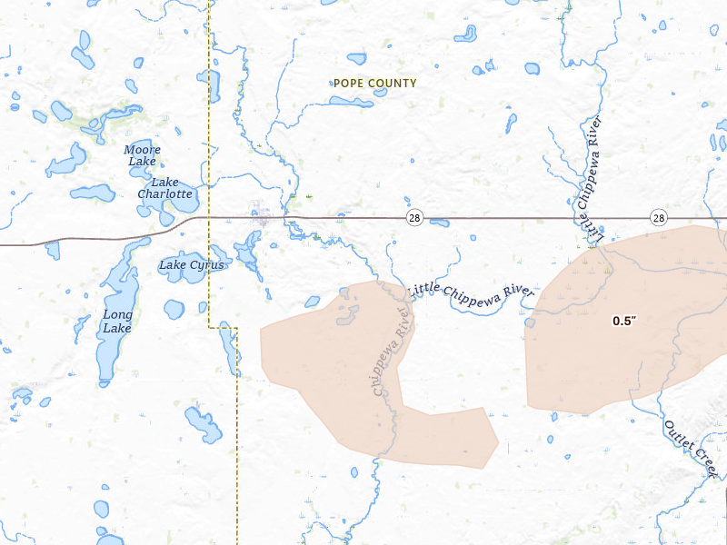 Radar-estimated hail-size map of the storm over Cyrus, MN on Jul 7, 2026